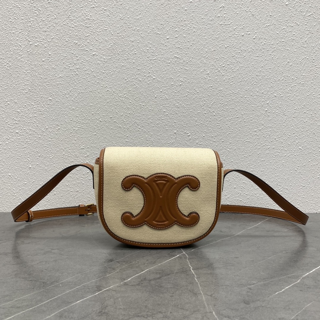 Celine Folco Cuir Bag Triomphe In Canvas And Calfskin Tan/White 198263